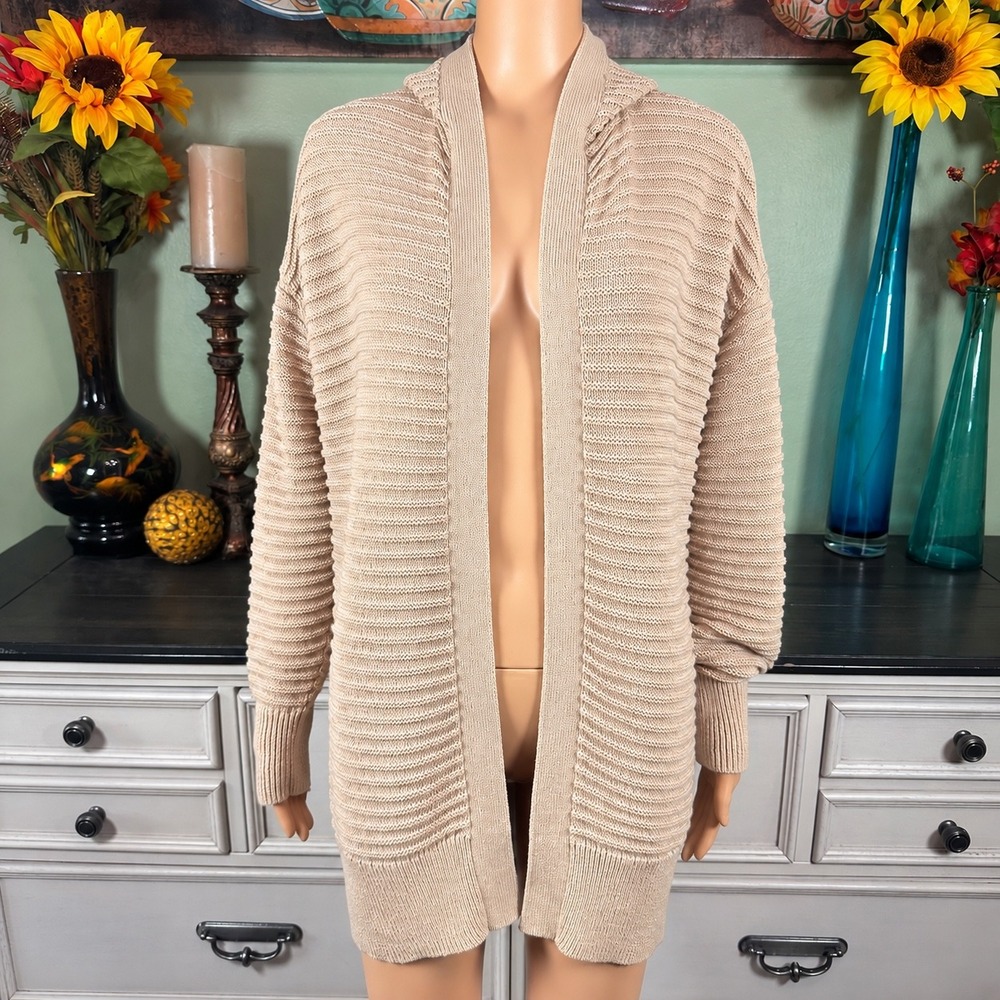 Nine West Beige Hooded Cardigan Longline Open Front Cozy Lagenlook Minimalist